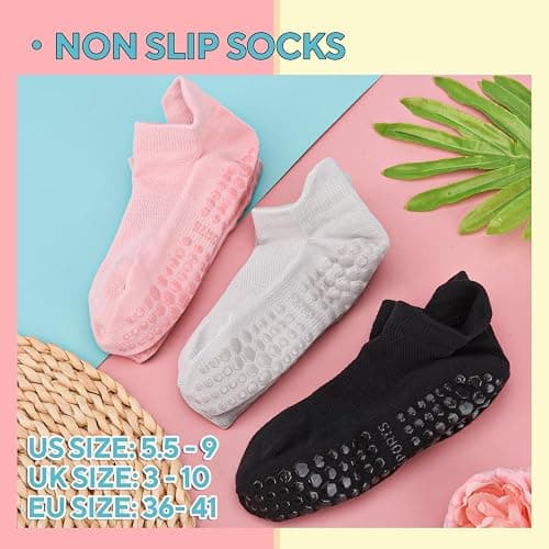 3 Pairs Pilates Grip Socks, Non Slip Yoga Socks for Women, Anti-Skid Grip Socks Breathable Cotton Socks for Yoga, Barre, Dance, Barefoot, Workout, Pregnant, Fitness and Ballet thumbnail 2