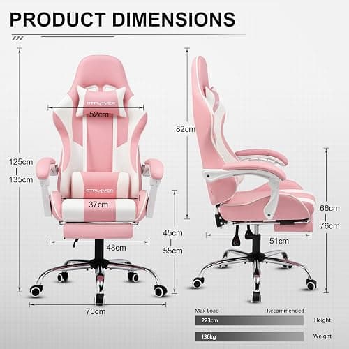 GTPLAYER Silla Gaming con Masajeador Ergonómica Silla Gamer con Reposapiés Reposacabeza, Silla de Oficina Ergonómica, Soporte Lumbar, Silla Juego Ajustable en Altura, Rosa thumbnail 3