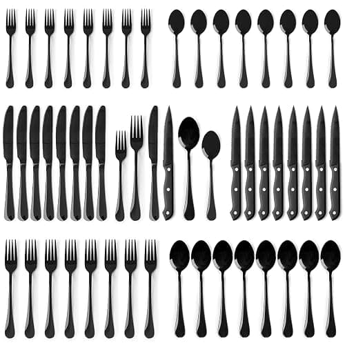 Astercook Silverware Set 48-Piece Black Flatware Set with Steak Knives Food-Grade Stainless Steel Cutlery Set for 8 Mirror Polished Utensils Set Include Spoons and Forks for Home Kitchen Restaurant - Image 1
