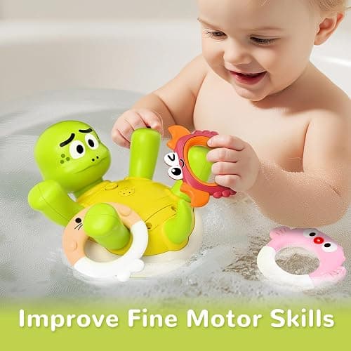 iPlay, iLearn Baby Bath Toy Set, Toddler Bathtub Toy Rechargeable Turtle Sprinkler W/ 5 Rings, Dinosaur Spiral Water Bathtime Shower Summer Birthday Gifts 18 Month 2 3 4 Year Old Kids Boy Girl Infant thumbnail 3