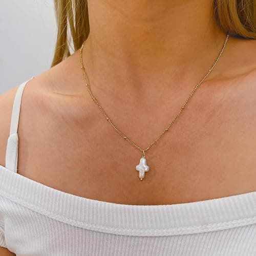 Pearl Cross Necklace for Women Nature Freshwater Pearl Cross Necklace Baroque Pearl Necklace Chunky Big Cross Pearl Necklace thumbnail 4
