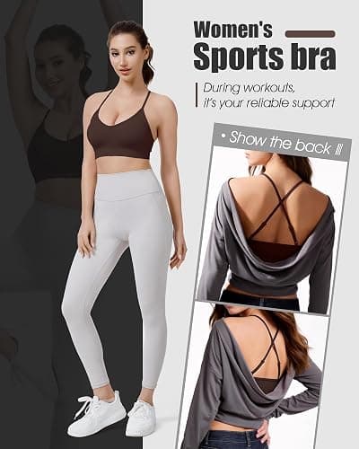 VEQKING Adjustable Sports Bras for Women, V Neck Cross Back Strappy Spaghetti Straps Padded Yoga Bra, 3 Pack thumbnail 6