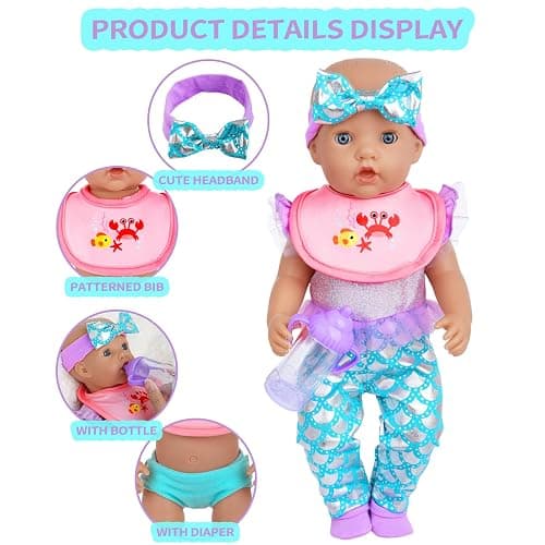 18INDC Baby Doll Clothes 16-18 Inch Mermaid -Themed Baby Dolls Accessories Set - Onesie Outfit, Blanket, Headband, Diaper, Bid, Bottle and Shoes thumbnail 4