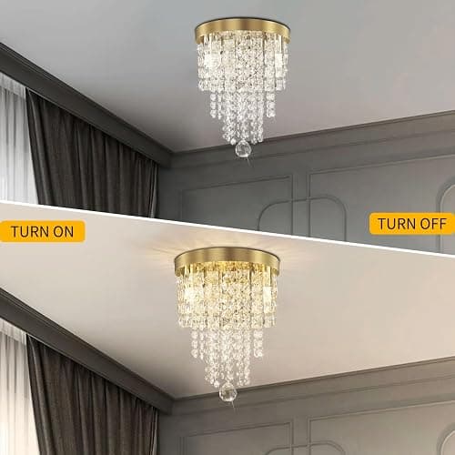 TISLYCO Mini Gold Crystal Chandelier, 3 Light Modern Flush Mount Ceiling Light Fixture, Raindrop Ceiling lamp Beaded Crystal Pendant Lighting for Hallway, Bedroom, Living Room, Dining Room thumbnail 4