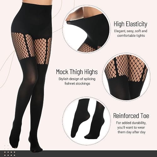MANZI Womens Faux Thigh High Fishnet Stockings Stitching Opaque Pantyhose Mock Over the Knee Goth Striped Suspender Tights thumbnail 4