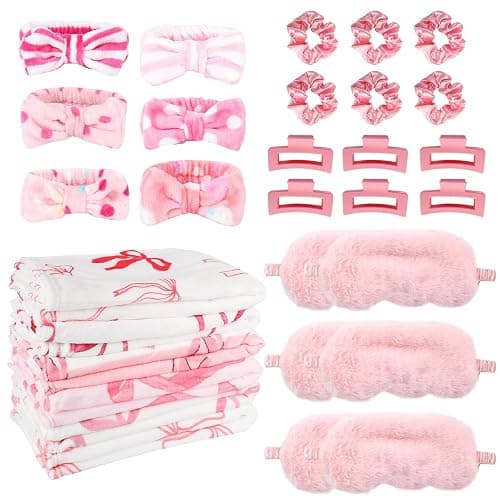 WAYASDCU 30 Pcs Sleepover Party Supplies for Girls, 6 Style Cute Pink Bow Blanket 6 Hair Clips 6 Hair Ties 6 Plush Pink Eye Mask Cover 6 Coral Fleece Spa Headband for Slumber Party Supplies for Girls - Image 1