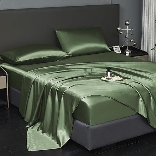 Revdomfly 4 Pcs Full Size Luxury Silky Soft Olive Green Satin Sheet Set,1 Premium Moisture Wicking Fitted Sheet Fits Up to 16 Inches Deep Pocket + 1 Flat Sheet + 2 Pillowcases（Olive Green, Full） thumbnail 2