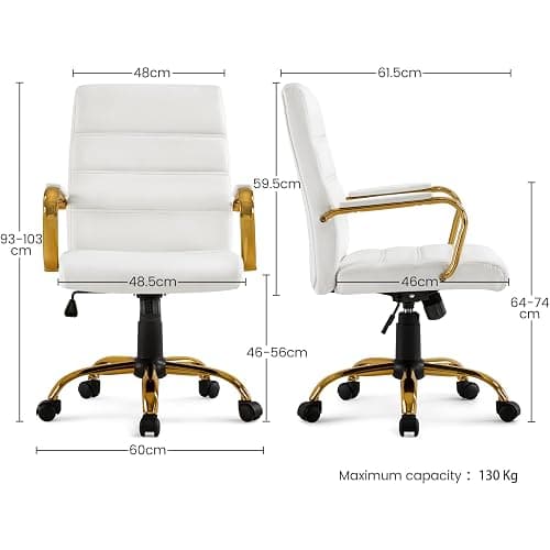 Yaheetech Faux Leather Office Chair Mid-Back Computer Desk Chair w/Lumbar Support Swivel Chair w/Gold Leg White Seat for Home thumbnail 3