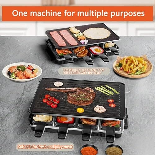 Raclette Grill, Indoor Grills Electric Smokeless Korean BBQ Grill Table, 2 in 1 Electric Griddle Nonstick with 8 Raclette Cheese Pans Adjustable Temperature Control 1300W Ideal for Family & Party Fun thumbnail 6