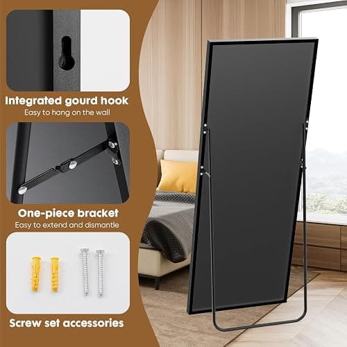 OLIXIS Full Length Mirror 71.1"x25.5" for Bedroom, Full Body Mirror with Stand, Hanging or Leaning for Wall, Aluminum Alloy Thin Frame Floor Standing for Living Room, Long, Deep Black thumbnail 6