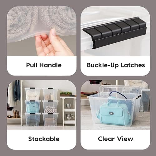 IRIS USA 54 Qt Stackable Plastic Storage Bins with Lids, 6 Pack - BPA-Free, Made in USA - See-Through Organizing Solution, Latches, Durable Nestable Containers, Secure Pull Handle - Clear thumbnail 4