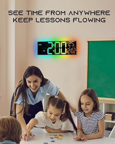 EASYERA 16.5" Large Digital Wall Clock with BT Sync, RGB Lights with 11 Scenes Mode Remote Control, Dual Alarms with Big LED Display, Auto DST, Temperature for Classroom Gaming thumbnail 6