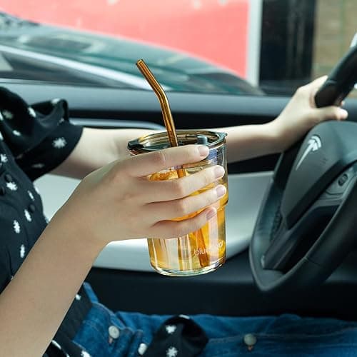 BLUEPOLAR 13oz/400ml Glass Water Tumbler with Straw and Lid Sealed Carry On Thick Wall Iced Coffee Cup Glass Cup for Water, Iced Tea Fruit Juice Etc (Amber thumbnail 6