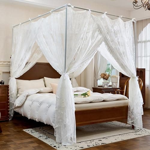 AIKASY Bed Canopy Mosquito Net for 4 Corner Post Beds, Full Size Lace Bed Curtain with Hanging Ribbons and Floral Embroidery, Sheer Netting for Girls and Adults/White thumbnail 2
