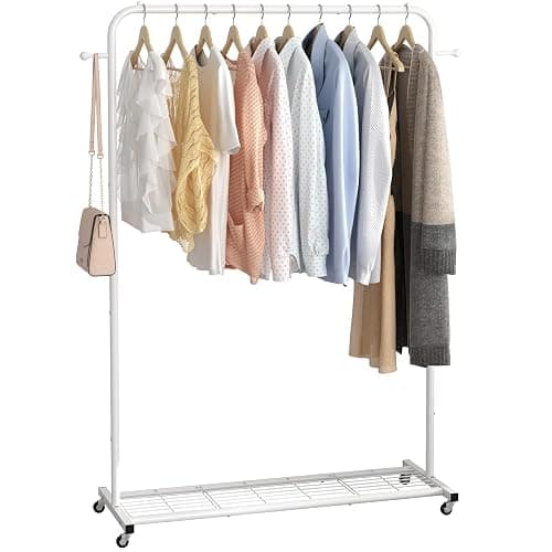 Sywhitta Clothing Rack on Wheels with Mesh Storage Shelf & Sturdy Metal Frame, Rolling Garment Rack for Hanging Clothes, Coats, Skirts, 39.76" L x 16" W x 64.56" H,White thumbnail 9