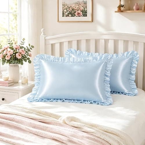 SiinvdaBZX Ruffled Standard Satin Pillowcase Set of 2, Baby Blue | 20 x 26 Inch Silky Satin Pillow Cases for Women Ruffle Pillow Shams Covers Princess Room Decoration, Envelope Closure thumbnail 2