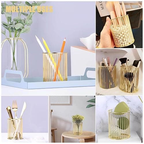 POCOSER Gold Pen Holder for Desk, Metal Pencil Holders Makeup Brushes Cup for Preppy Room Decor Office Home Bedroom School Organizer Toothbrush Holder Gold Decor Aesthetic Gift Accessories thumbnail 7