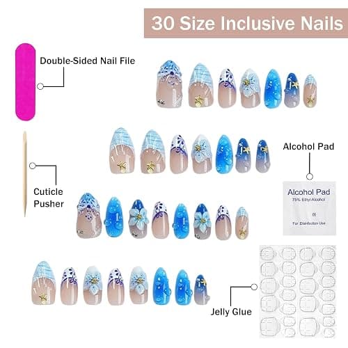 French Tip Press on Nails Medium Almond SWEKKE 3D Floral Fake Nails False Nails with Flower Stars Designs Blue Glossy Glue on Nail Summer Acrylic Nail for Women Girls 24Pcs thumbnail 2