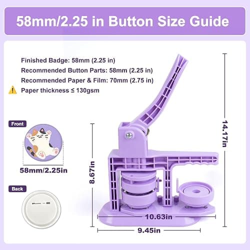 Happizza Button Maker Machine 58mm/2.25in, Pin Maker Machine Kit with 30 Buton Parts, DlY Badge Maker, Purple Button Press Machine, Perfect Beginner Experience Kit, Ideal for School, Parties, Events thumbnail 2