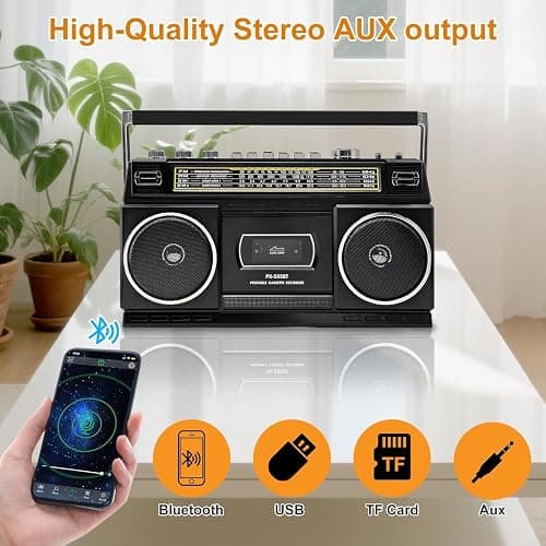 Cassette Player Boombox with Bluetooth, AM/FM/SW Radio & Record to USB, 24W Stereo Sound, 4 Power Modes, Portable Retro Stereo for Indoor Outdoor, Classic Black thumbnail 6