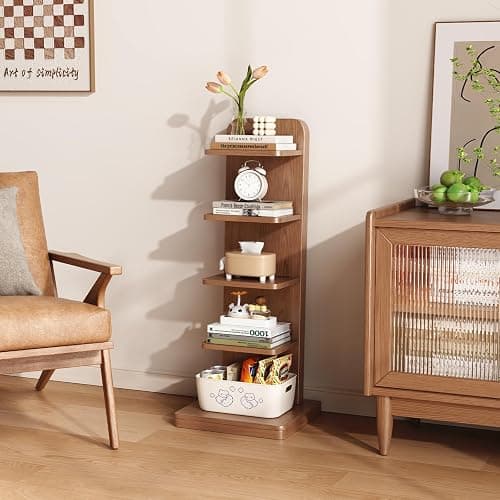 WoodsWhisper Narrow Bookshelf Ladder Bookshelf 5 Shelf Bookcase, Mid Century Modern Bookcase with Freestanding Display Shelves,Anti-tip Device and Thickened Base for Small Space,Living Room, Office - Walnut - 5C - Image 1