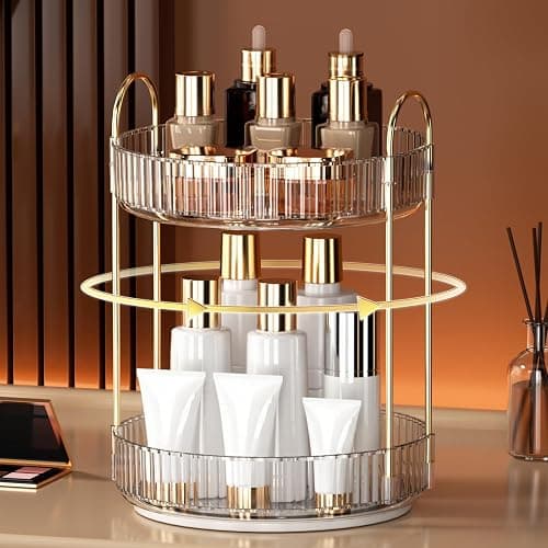 YCIA&DONE 360 Rotating Makeup Organizer and Storage for Vanity Bathroom Countertop, High Capacity Cosmetic Skincare Perfume Organizers for Dresser Lazy Susan (Clear White,2 Tiers) thumbnail 2