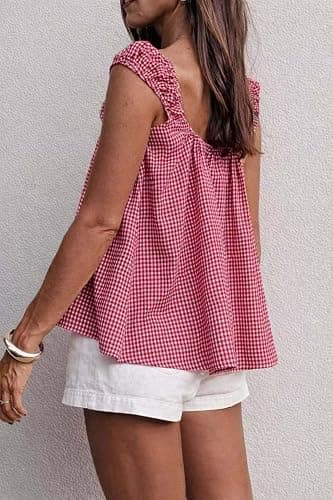 Dapoola Women Summer Tie Front Babydoll Square Neck Shirt Pleated Tank Top | Sleeveless Gingham Plaid Tank, Checkered Flowy Lightweight Blouse, A-line Loose Fit Daily Cami, Y2K Peplum Ruffled Top Tee thumbnail 3