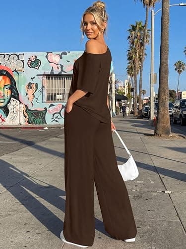 Trendy Queen Womens 2 Piece Lounge Sets Matching Comfy Outfits Clothing | Off Shoulder Oversized Tshirts & Wide Leg Pants Outfits thumbnail 4