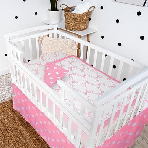 Hahafelt 3 Pcs Baby Girls Crib Bedding Set Coquette Pink Bow Baby Bedding Set for Girls Coquettish Pink Heart Bow Infant Nursery Includes Quilt, Fitted Crib Sheet and Skirt thumbnail 6