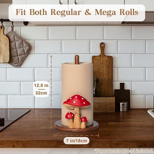 Mushroom Paper Towel Holder - Cottagecore Decor Mushroom Kitchen Home Cottagecore Accessories Cute Stuff, Unique Wood Paper Towel Holder Stand Kitchen Countertop 12.5×7 in thumbnail 3