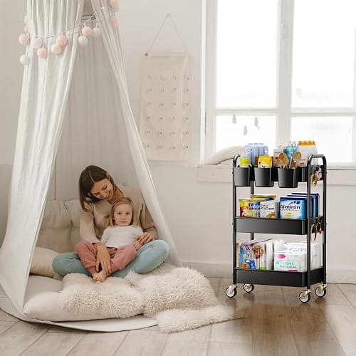 YASONIC 3 Tier Rolling Cart - Metal Utility Cart with Wheels, Hanging Cups, Hooks, Heavy Duty Mesh Rolling Storage Cart Organizer, Craft Cart for Kitchen Office, Lightweight and Sturdy thumbnail 2