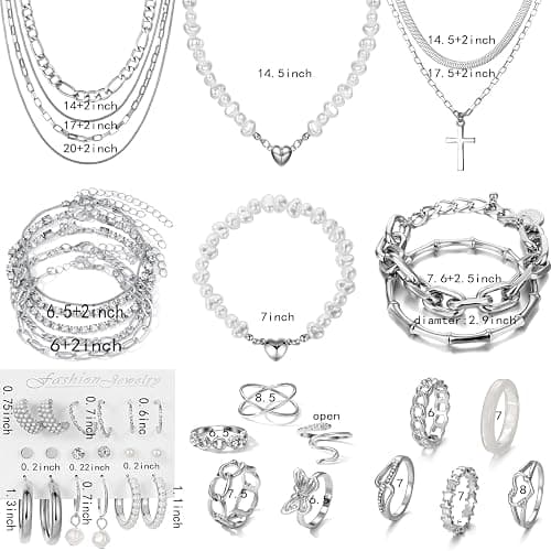 VKME 43 PCS Silver Jewelry Set for Women,Ball Dangle Hoop Earrings,Multi Layered Bracelets,Stackable Knuckle Rings,Adjustable Dainty Necklaces,Anniversary Valentine Fashion Trendy Party Gift Pack thumbnail 7