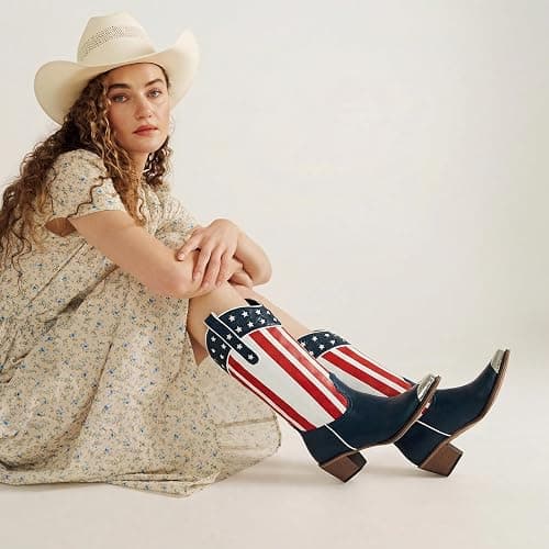 RKQ Women's Flag Mid Calf Cowboy Boots Chunky Block Heel Pull On Wide calf Metal Pointed Toe Western Cowgirl Booties classic sexy party Boots thumbnail 7