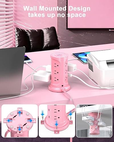 Tower Power Strip Surge Protector with 12 Outlets 3 USB Ports(2 Type C), 6.5 FT Ultra Flat Extension Cord with Multiple Outlets, Flat Plug Outlet Extender with Screw Wall Mount for Home Office Dorm thumbnail 7
