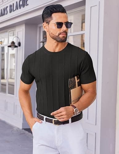COOFANDY Men's T- Shirts Short Sleeve Knit Sweater Shirt Casual Crewneck Ribbed Pullover Tees thumbnail 3