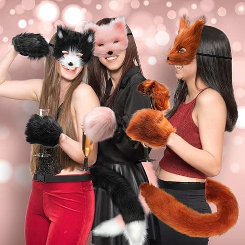 Faux Fur Cat Fox Mask Tail and Paw Set, Wolf Furry Suit Plush Therian Accessories Kit thumbnail 7
