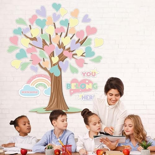 Pastel Tree Bulletin Board Classroom Decoration Spring Welcome Back to School Bulletin Board Sets You Belong Here Heart Rainbow Cutouts for Teacher School Nursery Home Classroom Chalkboard Wall Decor thumbnail 4