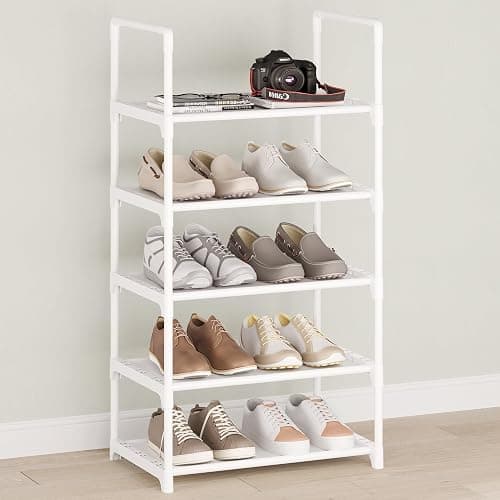 Hockmez 5-Tier Small Shoe Rack,Stackable Shoe Shelf Storage Organizer for Entryway Hallway Closet Bathroom Living Room(White-5Tier) - Image 1