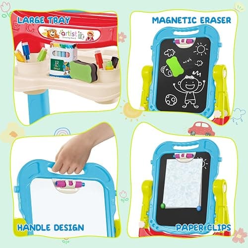 Toddler Art Easel for Kids, Double-Sided Magnetic Whiteboard & Chalkboard with Painting Accessories, Rotatable Easel Toy, Great Christ Gift for Boys and Girls thumbnail 6