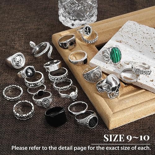 KISS WIFE Halloween Vintage Silver Punk Rings Set for Men, Cool Gothic Chunky Rings Bulk, Skull Snake Spade Ace Malachite Stackable Hippie Knuckle Rings Pack, Trendy Men's Jewelry Gift for Him thumbnail 9
