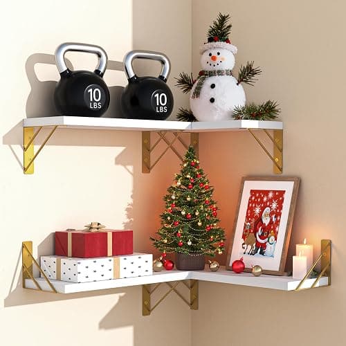 BAYKA Wall Shelves for Bedroom Decor, Floating Wall Shelves for Living Room Kitchen Storage, Wall Mounted Rustic Wood Shelves for Kids Books,Corner Shelves for Bathroom(White and Gold，Set of 3) thumbnail 7
