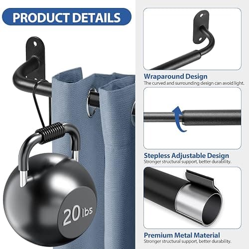 2 Pack French Door Curtain Rod, Sash Curtain Rod Adjustable 18-32in, Black | 3/8in Wrap Around Metal Cafe Curtain Rod Mount With Screws, Supports Up To 20 lb for French Doors, Windows and Sidelights thumbnail 3