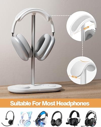 Universal Headphone Stand, Magnetic Wireless Charger for iPhones/AirPods/iWatch, Aluminum Alloy Rod, Leather Pad, ABS Solid Base, White thumbnail 2
