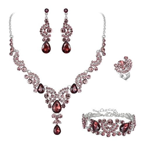 EVER FAITH Rhinestone Crystal Bridal Floral Wave Teardrop Necklace Earrings Set - Image 1