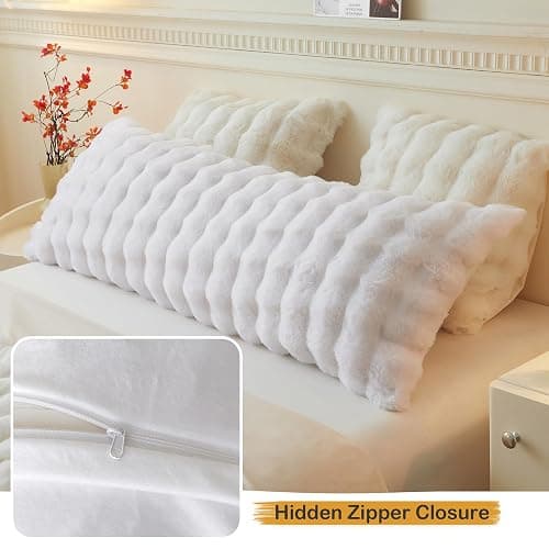 LIFEREVO Fluffy Faux Rabbit Fur Body Pillow Cover, Luxury Bubble Waffle Shaggy Plush Bed Body Pillowcase with Zipper Closure, Long 20"x54" Fuzzy Furry Pillow Case for Adults Kids Girls Teens, White thumbnail 6