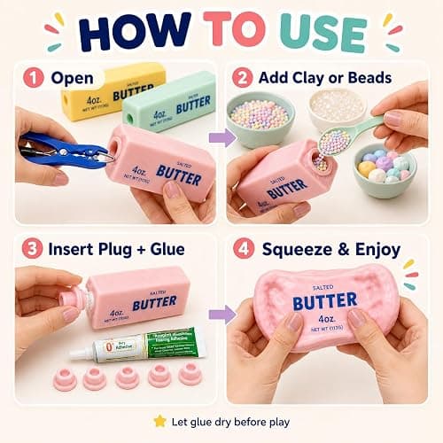 DIY Make Your Own Crunchy Squishy Kit,Butter Cheese Squishy Skin with Plugs | Asmr Crunchy Squishy Kit Includes 5 Cheese & Butter TPR Skins and 7.05 oz Filler Bead Filled Stress Ball Party Favor Gifts thumbnail 4