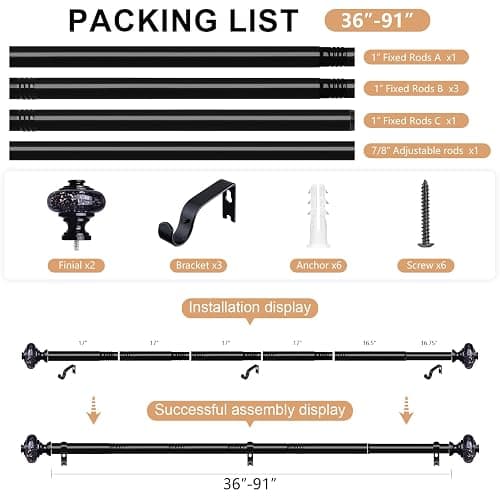 Black Crystal Curtain Rods for Windows 48 to 84 Inch, Decorative Vintage 1'' Diameter Curtain Rod with Black Foil Finial, Adjustable Heavy Duty Easy Install Drapery Pole Set for Farmhouse, Bedroom thumbnail 8