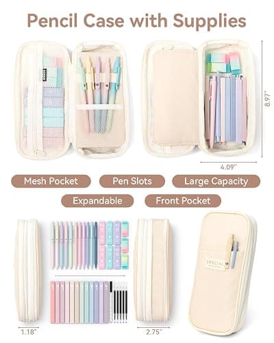 Four Candies 39PCS Cute School Supplies with Pen Case for Girls - 5 Gel Pens, 12 Pastel Highlighters, 6 Aesthetic Mechanical Pencils Set, Essentials Stationary Christmas Stocking Stuffers Gift (Cream) thumbnail 2