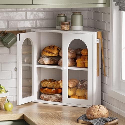 WOWLIVE Corner Bread Box for Kitchen Countertop, 2 Tier Bamboo Bread Storage Container for Homemade Bread with Clear Acrylic Door Panel, Bread Bin Farmhouse Breadbox Organizer (White, Extra Large) thumbnail 2