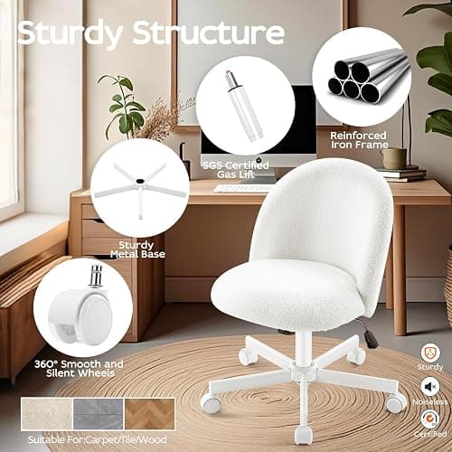 Morkprism Vanity Chair with Back,Armless Desk Chair Cute Small Office Chair,Teddy Fabric Computer Chair with Adjustable Height,120°Tilting,Rolling,Swivel for Vanity,Kids Room,Office,Bedroom White thumbnail 6